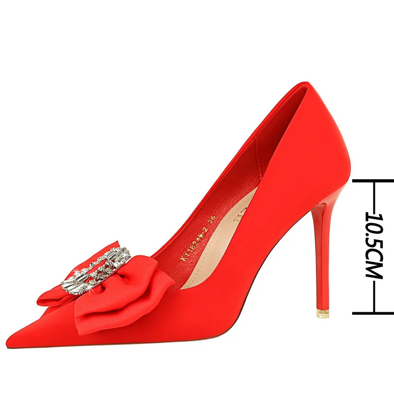 Red Silk Satin Women Pumps With Bowknot High Heels And Rhinestone Decoration