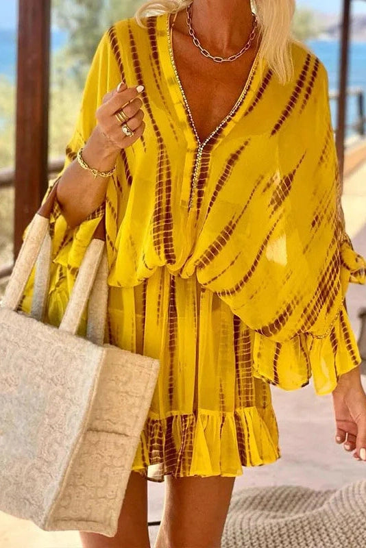 Printed V-Neck Long Sleeves A-Line Mini Dress