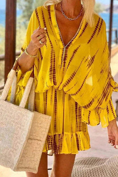 Printed V-Neck Long Sleeves A-Line Mini Dress