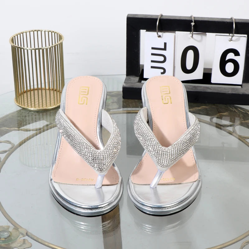 Luxurious Golden Stiletto High Heel Flip Flops With Toe Clip For Summer