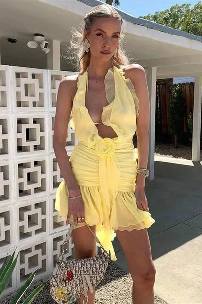 Floral Lace-Up Mini Dress With Ruffled Detail