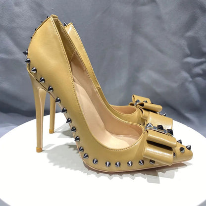 Nude Matte Pointy Toe High Heel Shoes With Spikes Bow