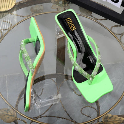 Rhinestone Clip Toe Flip-Flops With Square Heel Designer Luxury Sandals