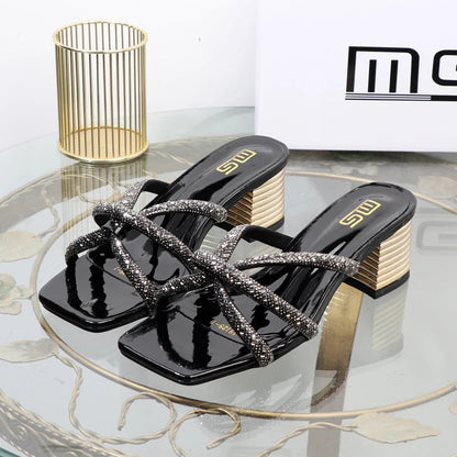 Rhinestone Sandals With Thick High Heels For Women’s Luxury Style In Autumn