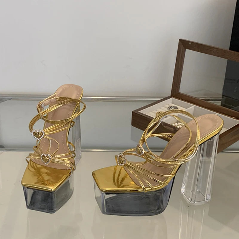 Summer 14.5Cm Clear Square High Heels Stripper Sandal For Women