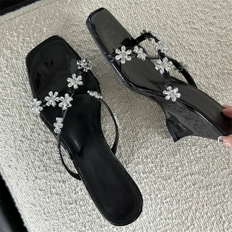 Crystal Flower Square Toe Women Slippers with Designer Wedge High Heels for Summer