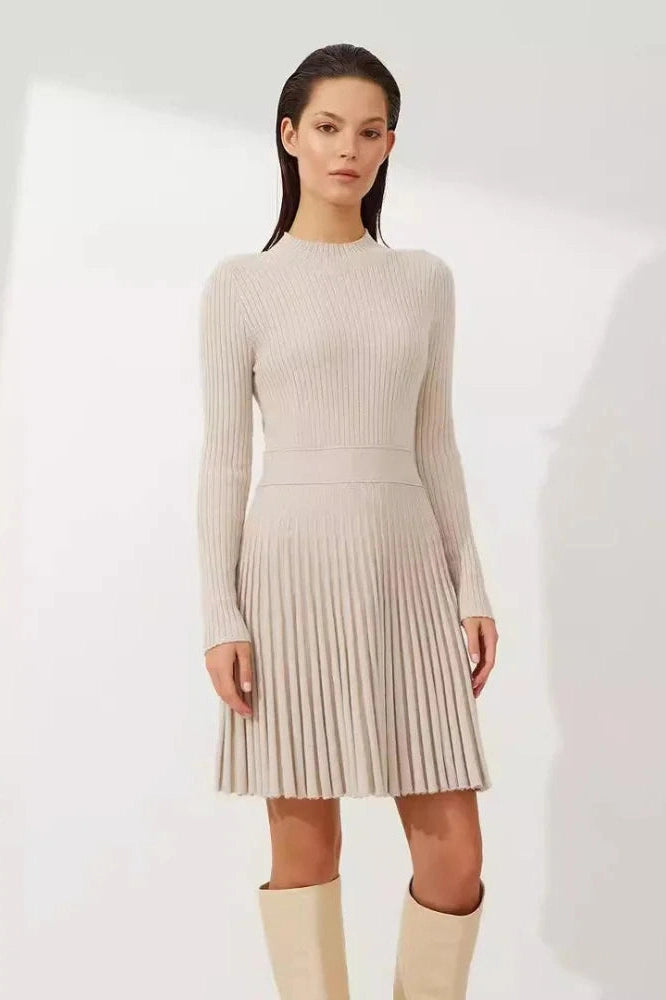 O-Neck Long Sleeve Mini Dress With High Waist