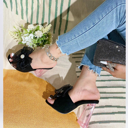 Transparent Mesh Flower Round Heel Slippers Peep Toe Mules Lady Pumps