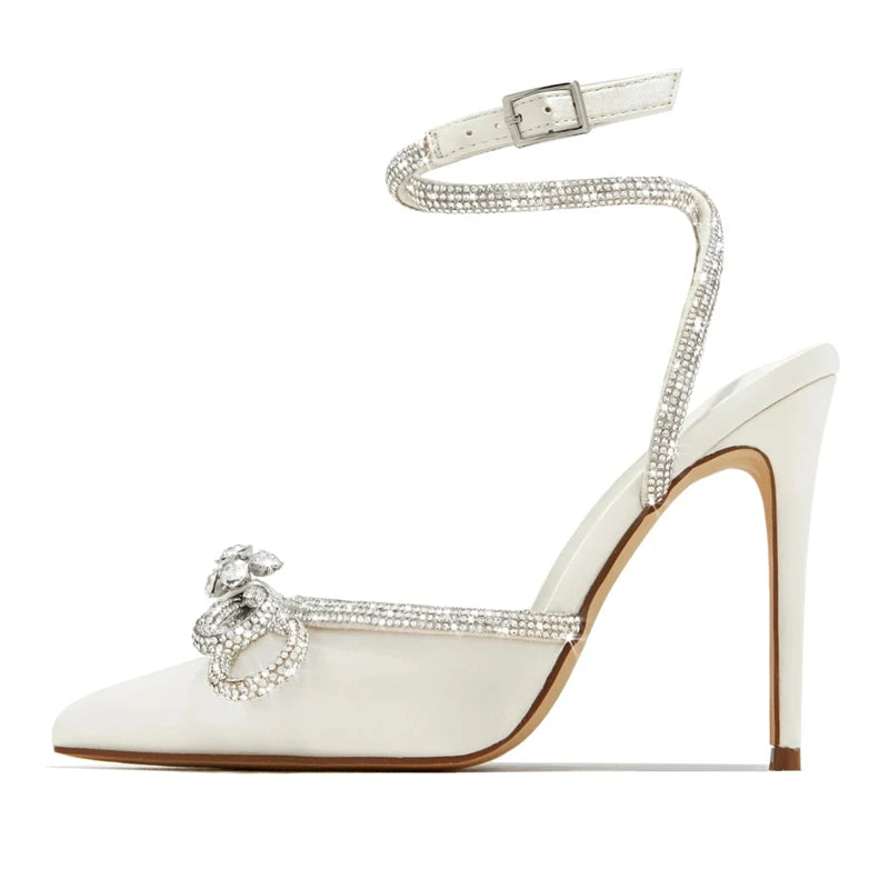 Crystal Buckle Strap Women Pumps with Butterfly-knot Detail and Thin High Heels