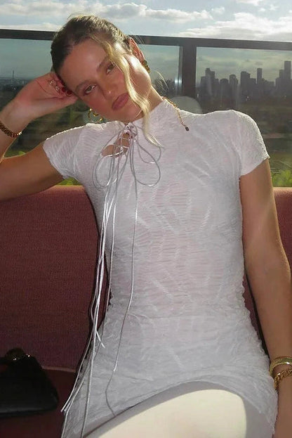 Lace Up Bodycon Mini Dress With Short Sleeves