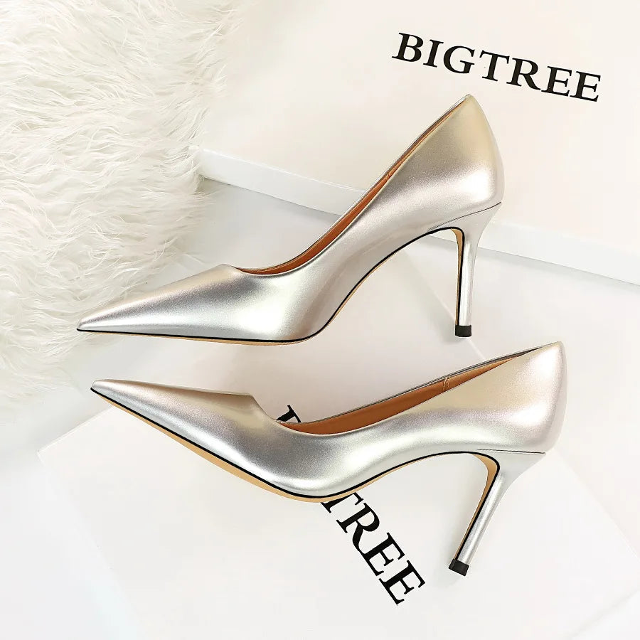 Patent Leather Pointed Toe Stiletto Pumps For Women Office Wear