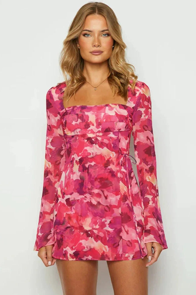 Printed Long Sleeve Mini Dress With Square Collar And High Waist