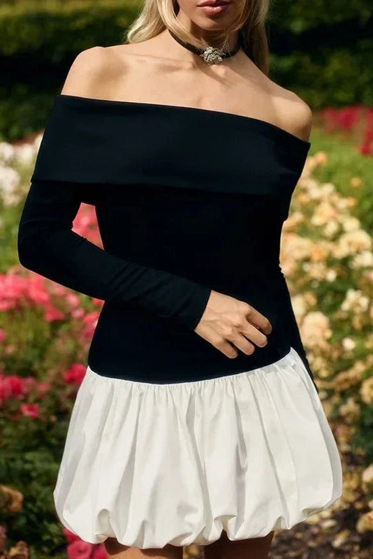 Off-Shoulder Patchwork Long Sleeves Mini Dress