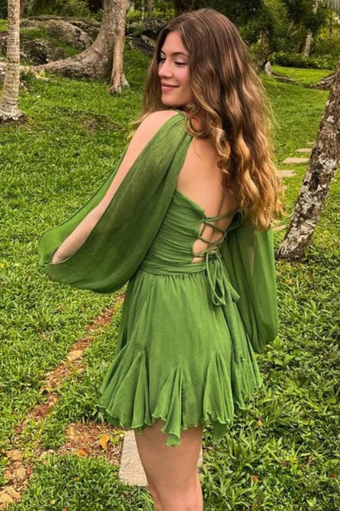 Elegant Pleated Backless Mini Dress With Long Sleeves