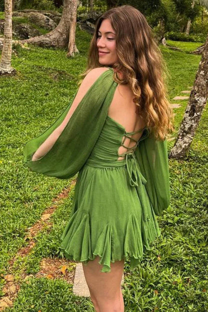 Elegant Pleated Backless Mini Dress With Long Sleeves