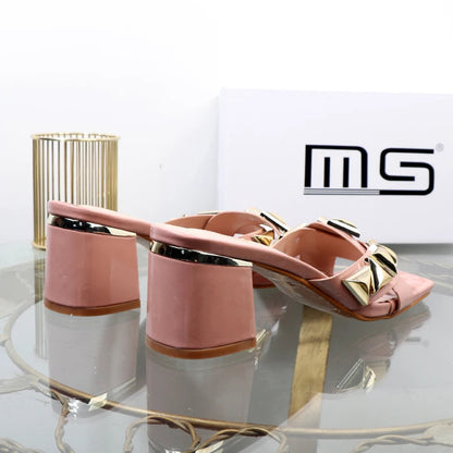 Metal Decorative Willow Nails Open Toe Sandals With 7Cm Thick Heels