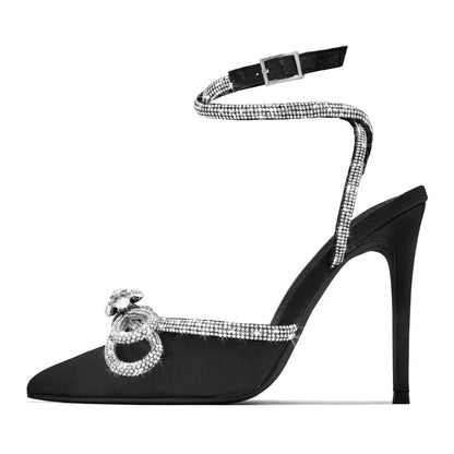 Crystal Buckle Strap Women Pumps with Butterfly-knot Detail and Thin High Heels