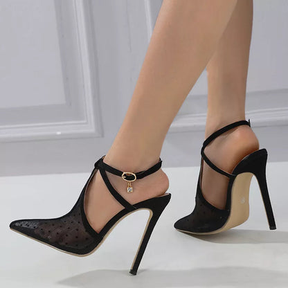 Black Mesh Pointed Toe Stiletto High Heels Sandals