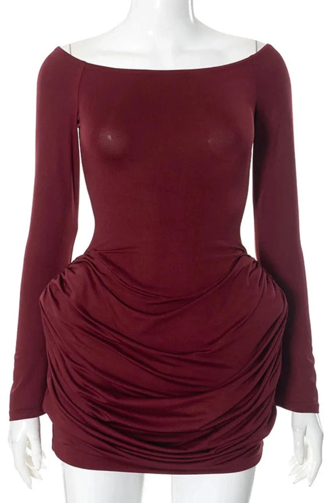 Off Shoulder Pleated Bodycon Mini Dress