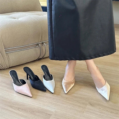 Spring Satins Pointed Toe Slippers Woman Thin Heels