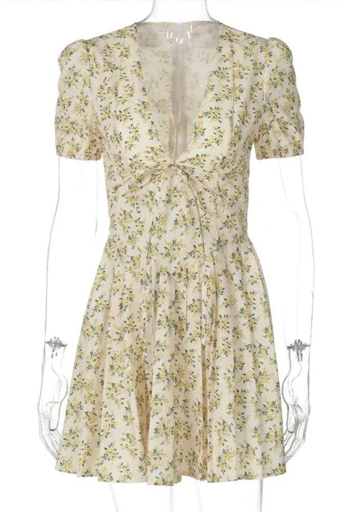 V Neck Short Sleeve A-Line Mini Dress