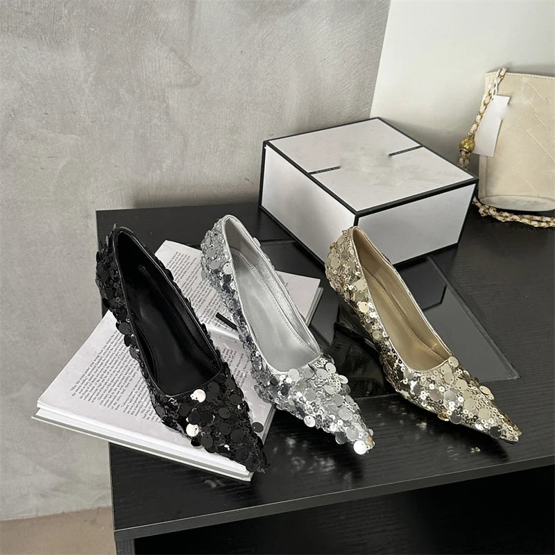 Gold Silver Sequins Fashion Women Pumps Pointed Toe Wedge Heel