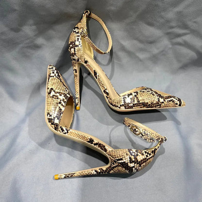 Beige Brown Snakeskin Pointy Toe Ankle Strap High Heel Shoes For Women