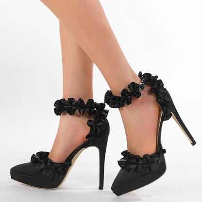 Silk Ankle Strap Platform Pumps With Pleated Design