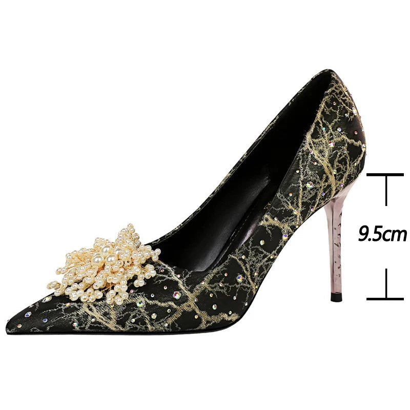 Rhinestone Pearl Flower High Heel Luxury Party Shoes Woman