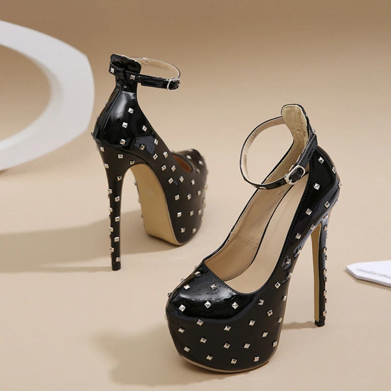 Metal Rivet Round Toe Platform High Heels Pole Dance Shoes