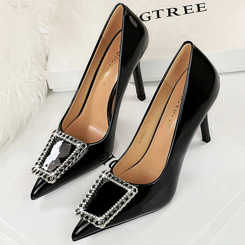 Rhinestone Metal Buckle High Heels Patent Leather Women Pumps