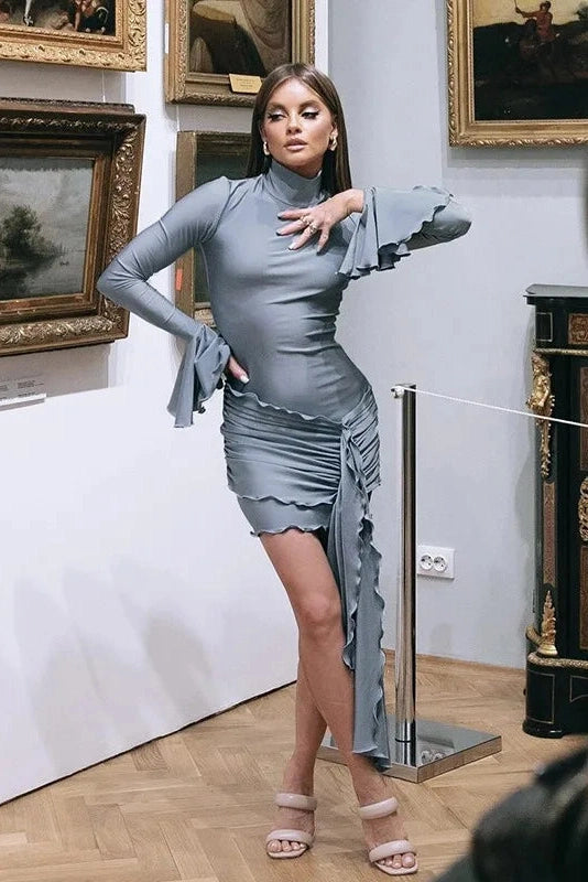 Pleated Long Sleeve Mini Dress With High Waist Patchwork