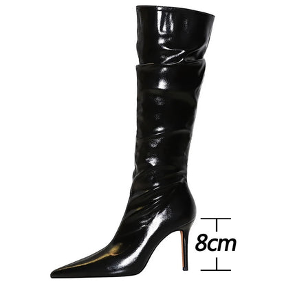 Sexy Knee-High Pointed Patent Leather High Heel Boots For Women