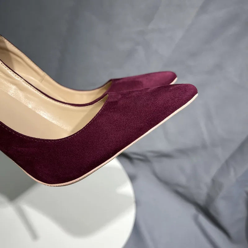 Burgundy Faux Suede Pointy Toe High Heel Shoes For Women