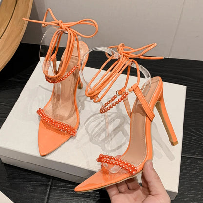 Pointed Toe Thin Heels String Bead Sandal For Women