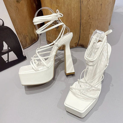 Square Toe Ankle Strap Chunky Platform Sandals For Women