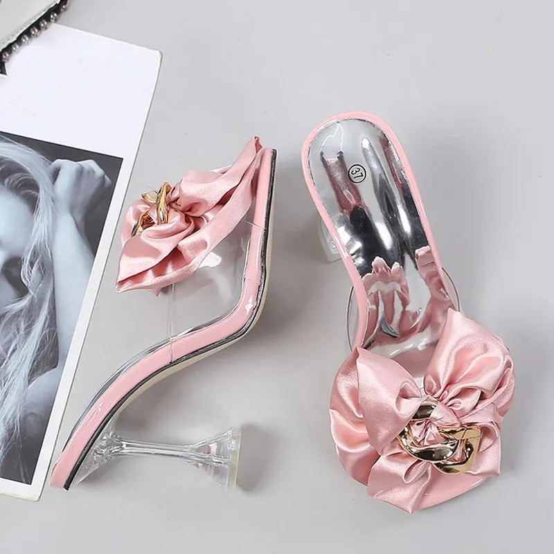 Pink Butterfly-Knot Designer Sandals With Clear Heels
