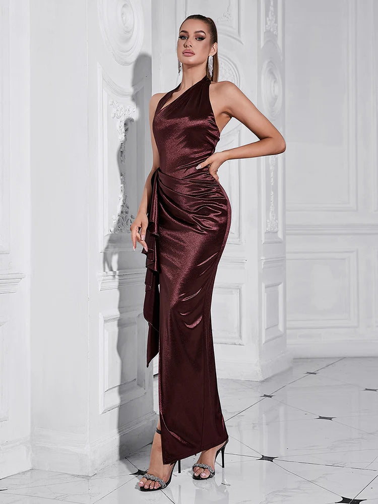 Burgundy High-Low Shirley Halter Dress
