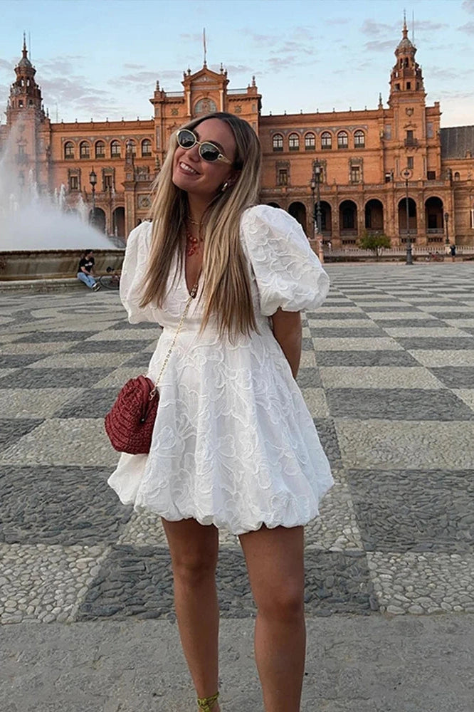 V Neck Puff Sleeve Mini Dress