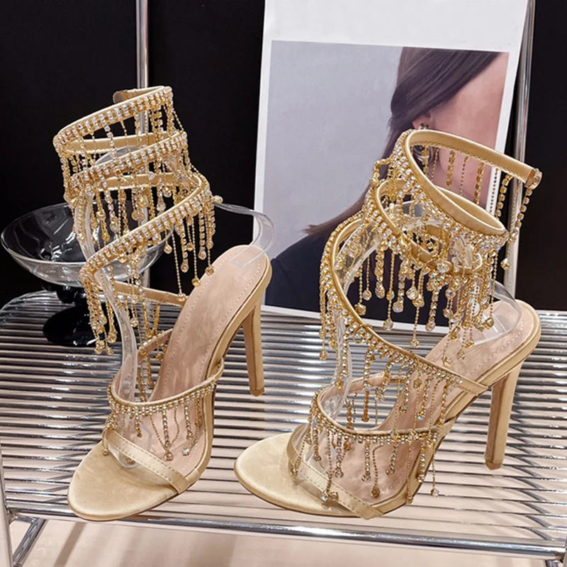Crystal Tassel Stiletto Sandals For Elegant Women Wedding Banquets