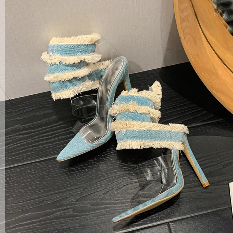 Denim Ankle Sandal With Snake Surround Strap For Women