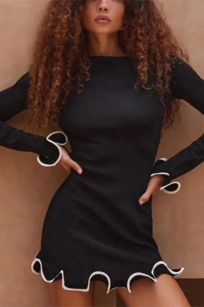 O Neck Long Sleeve Bodycon Mini Dress - Black