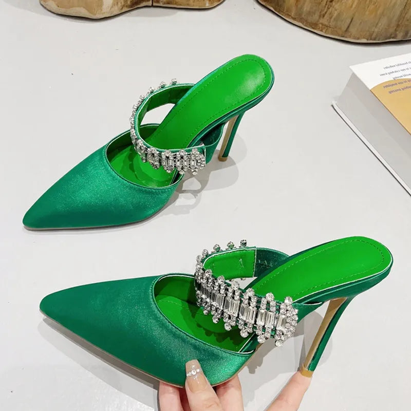 Rhinestone High Heels Women Slippers Pointed Toe Mules Shoes