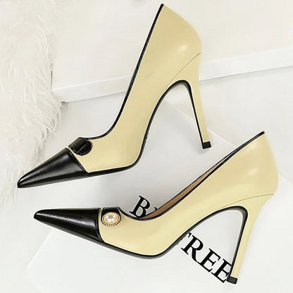 Retro Women Pearl Color Matching High Heels Stilettos Pointed Shoes