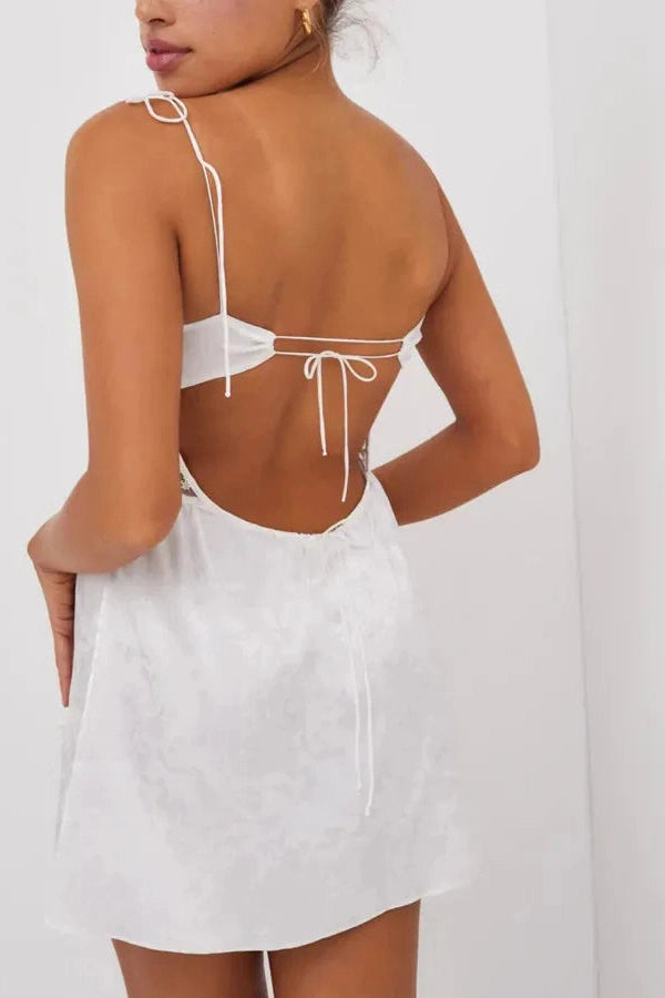 Sleeveless Lace Backless V Neck Mini Dress With Slit