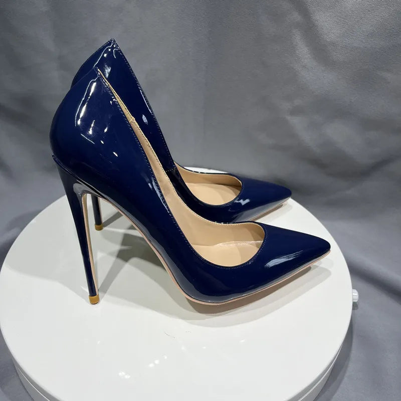 Navy Blue Patent Low Cut Pointy Toe Stiletto Pumps For Women
