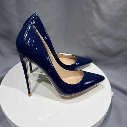 Navy Blue Patent Low Cut Pointy Toe Stiletto Pumps For Women