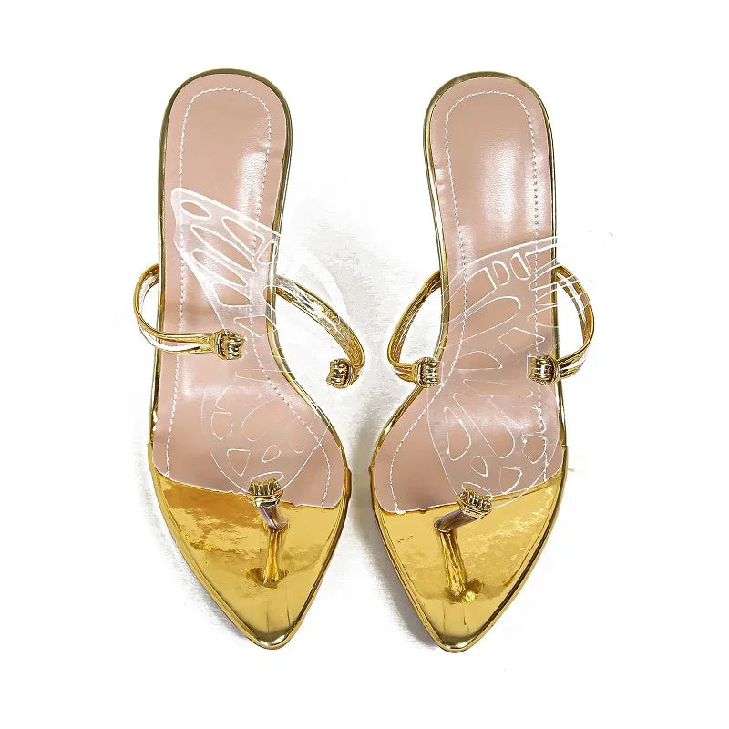 Pointed Toe Women Slippers Street Style Gold Silver High Heels Sandals