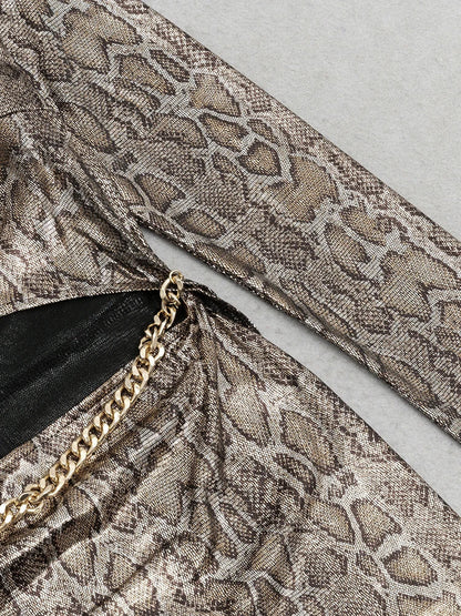 Python Snake Pattern Cut Out Dress With Chain