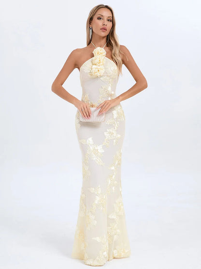 Ysabella Floral Applique Mesh Halter Gown Beige / Xs